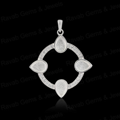 High Quality 925 Silver 6x4mm Pear Floral Surrounded CZ Blank Charm Pendant Stone Setting Jewelry Making Findings Components
