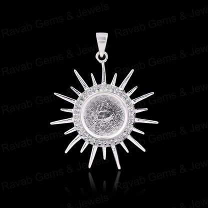 High Quality 925 Silver 10mm Round Sunburst With CZ Blank Charm Pendant Setting Ashes & Resin Keepsake Breast Milk DIY Jewelry