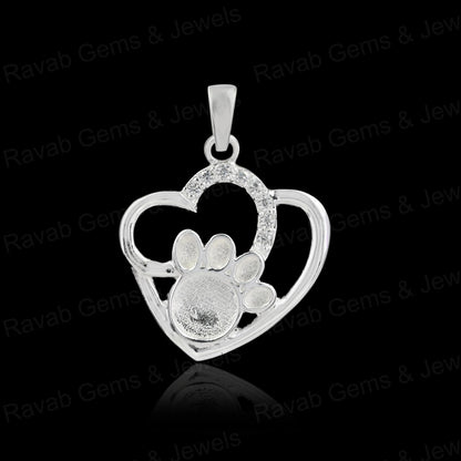 High Quality 925 Silver 28x22mm Dog Paw Heart CZ Setting Charm Pendant 14K Gold for Breastmilk DIY Keepsake Memorial Jewelry