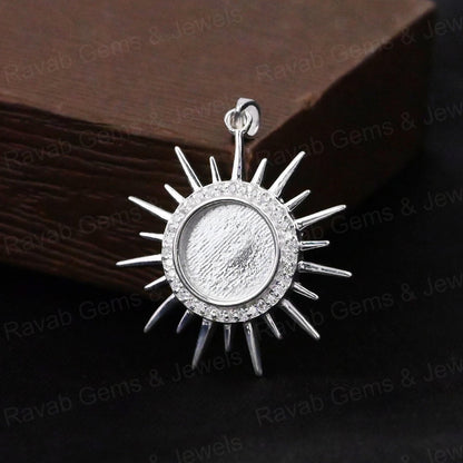 High Quality 925 Silver 10mm Round Sunburst With CZ Blank Charm Pendant Setting Ashes & Resin Keepsake Breast Milk DIY Jewelry