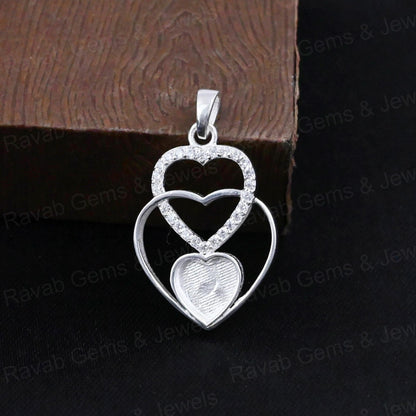 High Quality 925 Silver 8mm Tray Triple Heart CZ Semi Mounting Charm Pendant Setting Resin Ashes Keepsake Breastmilk DIY Jewelry