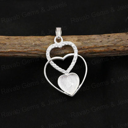High Quality 925 Silver 8mm Tray Triple Heart CZ Semi Mounting Charm Pendant Setting Resin Ashes Keepsake Breastmilk DIY Jewelry