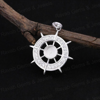 Best Quality 925 Silver 5mm Ocean Helm Ship Wheel Try Zircon Semi Mount Blank Charm Pendant for DIY Jewelry Findings Components