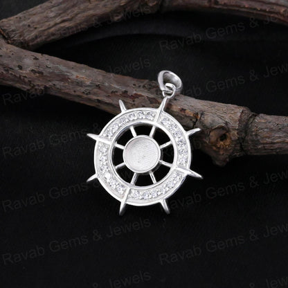 Best Quality 925 Silver 5mm Ocean Helm Ship Wheel Try Zircon Semi Mount Blank Charm Pendant for DIY Jewelry Findings Components