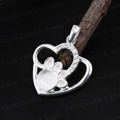 High Quality 925 Silver 28x22mm Dog Paw Heart CZ Setting Charm Pendant 14K Gold for Breastmilk DIY Keepsake Memorial Jewelry