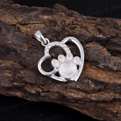 High Quality 925 Silver 28x22mm Dog Paw Heart CZ Setting Charm Pendant 14K Gold for Breastmilk DIY Keepsake Memorial Jewelry