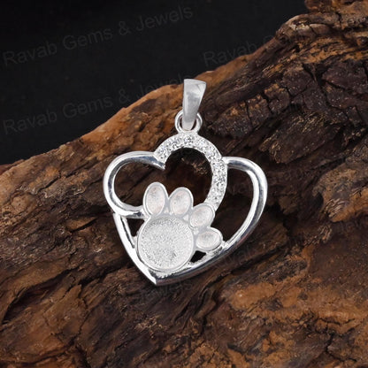 High Quality 925 Silver 28x22mm Dog Paw Heart CZ Setting Charm Pendant 14K Gold for Breastmilk DIY Keepsake Memorial Jewelry