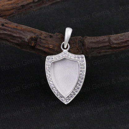 High Quality 925 Silver 12x9mm Shield Surrounded With Zircon Blank Bezel Charm Pendant Setting Resin Ashes Keepsake Jewelry