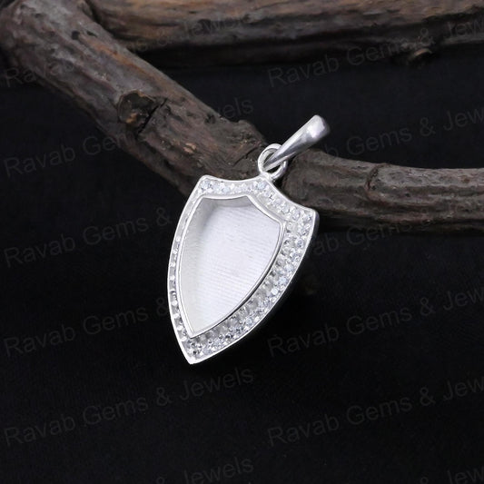 High Quality 925 Silver 12x9mm Shield Surrounded With Zircon Blank Bezel Charm Pendant Setting Resin Ashes Keepsake Jewelry