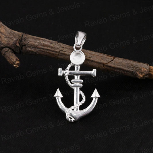 High Quality Handmade 925 Silver Anchor Hook Shape Bezel Semi Mounting Charm Pendant Gemstone Setting Findings Components