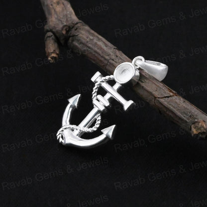 High Quality Handmade 925 Silver Anchor Hook Shape Bezel Semi Mounting Charm Pendant Gemstone Setting Findings Components