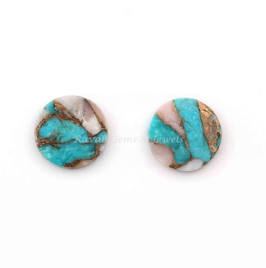 Pink Opal Copper Turquoise Coin shape 12mm Flat Gemstone Calibrated, Opal Copper Turquoise loose gemstone 2 pcs set