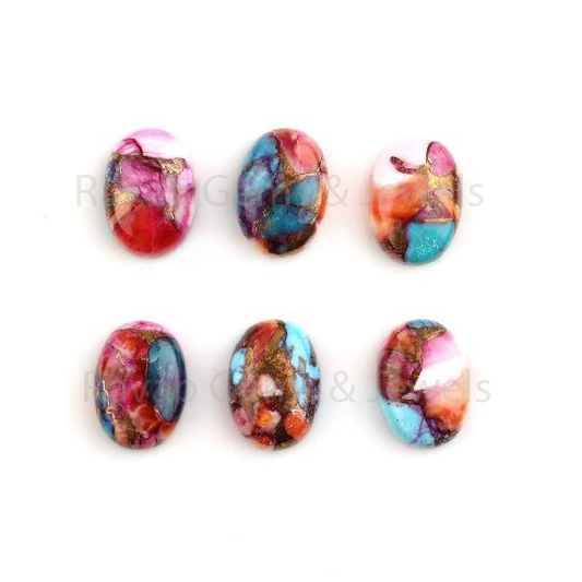Spiny Oyster Copper Turquoise Oval Shape Gemstone Cabochon, Mixed Color Calibrated Loose Beads Jewelry Making 2 Pcs Set For Gifted