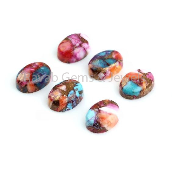 Spiny Oyster Copper Turquoise Oval Shape Gemstone Cabochon, Mixed Color Calibrated Loose Beads Jewelry Making 2 Pcs Set For Gifted