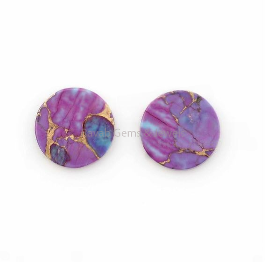 Purple Copper Turquoise Coin shape 12mm Flat Gemstone for jewelry making, Purple Copper Turquoise pendant,earrings making beads 2 pcs set