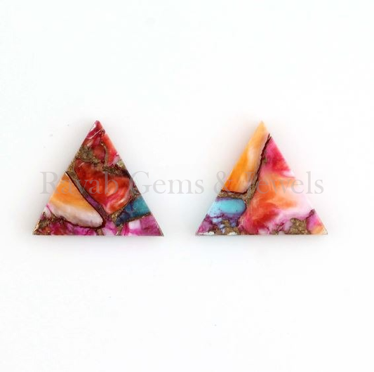 Spiny Oyster Copper Turquoise, Triangle Shape, Smooth Calibrated, Purple & Orange Stone For Earring, Loose Beads Gemstone 12mm 2 Pcs Set