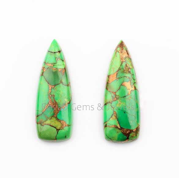 10x28mm Green Copper Turquoise Long Trillion Gemstone Calibrated Cabochon, Loose Beads Smooth Pair Stone For Jewelry Earring 2 Pcs Set