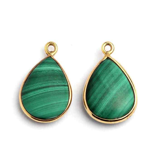 Genuine 925 Silver Gold Plated Single Bail 12x16mm Natural Malachite Gemstone Dainty Tiny Tear Drop Charm Pendant Jewelry Making