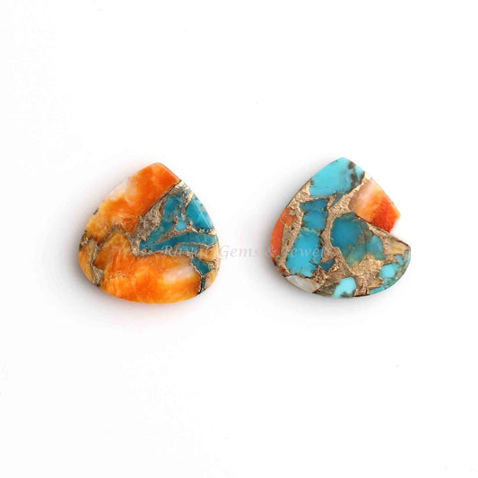 Spiny Oyster Copper Turquoise Heart Shape Smooth Flat Gemstone, Calibrated Loose Beads Stone For Jewelry Earring Making- 2 Pcs Set All Sizes