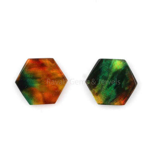 Shiny Ammolite Quartz Hexagon Shape 12mm Flat Gemstone, Calibrated Stone For Jewelry Making, Pair Both Side Flat Stone For Earring 2 Pcs