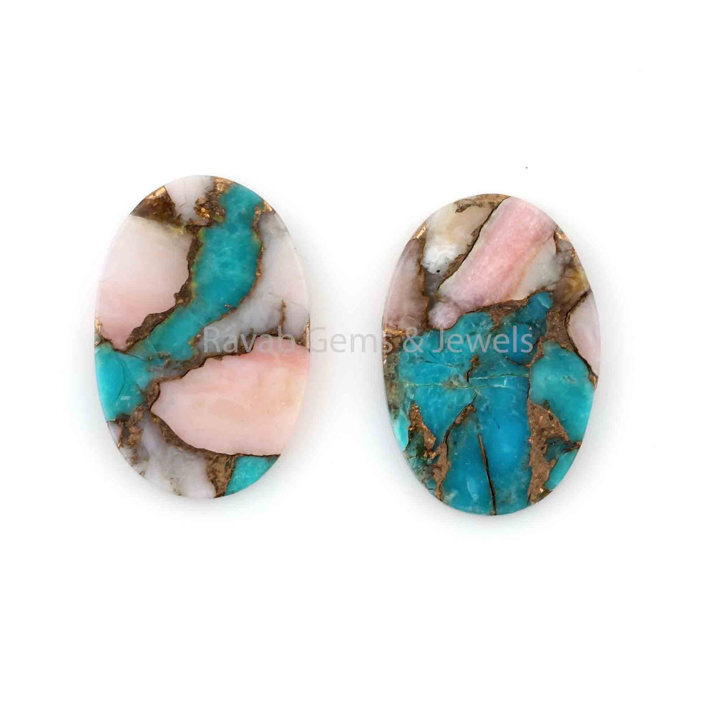 Pink Opal Copper Turquoise Oval Shape Both Side Flat Gemstone For Jewelry, Loose Beads Stone For Jewelry Earring Making 12x19mm 2 Pcs Set