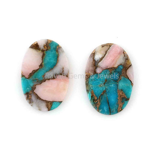 Pink Opal Copper Turquoise Oval Shape Both Side Flat Gemstone For Jewelry, Loose Beads Stone For Jewelry Earring Making 12x19mm 2 Pcs Set