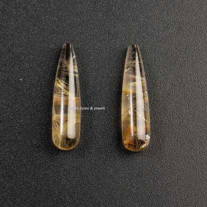 Natural Gemstone Golden Rutile Quartz Drops, Calibrated Smooth Teardrop Stones, Best Quality Stone For Earring Jewelry Making 9x30mm 2 Pcs