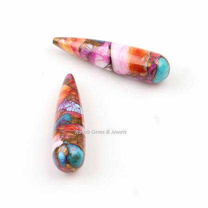 9x30mm Spiny Oyster Copper Turquoise Smooth Drop Gemstone, Loose Beads Dahlia Copper Long Teardrop Earring Making Stone 2 Pcs Pair Set