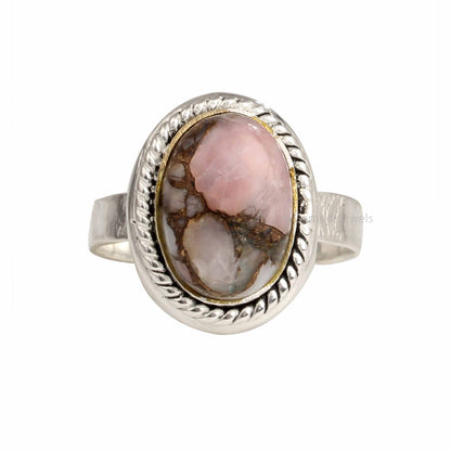 Pink Opal Copper Oval Ring, Designer Band Ring, 925 Sterling Silver Gemstone Ring, 10x14mm Cabochons Ring, Copper Statement Rings For Gift