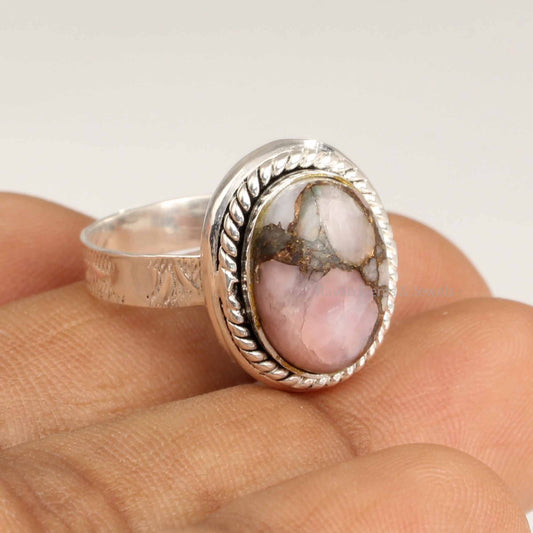 Pink Opal Copper Oval Ring, Designer Band Ring, 925 Sterling Silver Gemstone Ring, 10x14mm Cabochons Ring, Copper Statement Rings For Gift