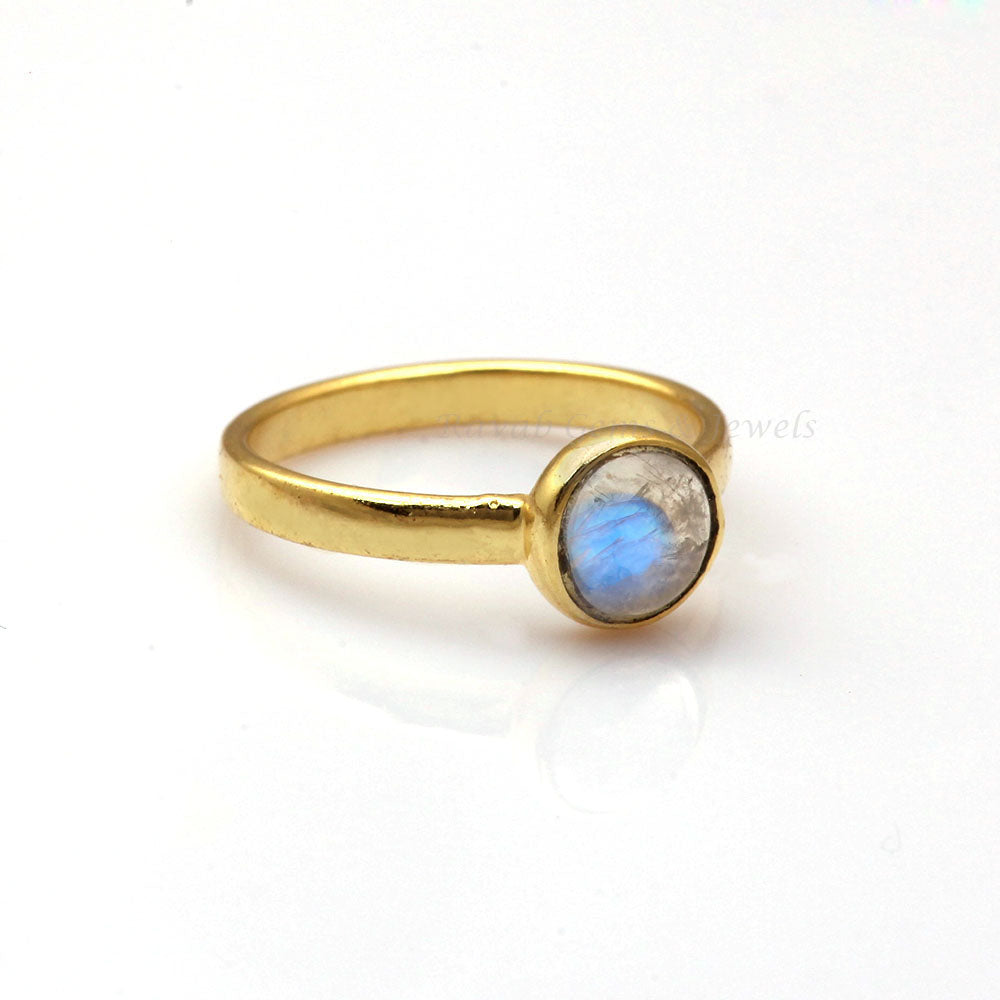 Natural Rainbow Moonstone Ring,Round Cabochon Gemstone Ring,925-Sterling Silver Ring,Boho Ring,Middle Finger Ring, 18k Gold Vermeil Polished