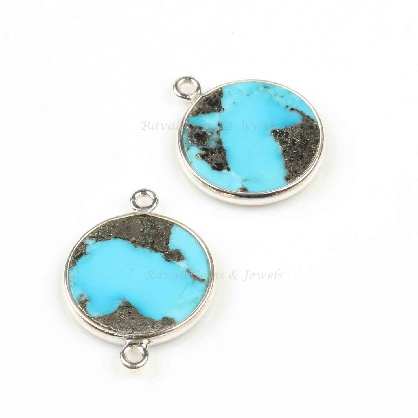 Natural Pyrite Turquoise Round 12mm Smooth Flat Gemstone 925 Sterling Silver Charm Or Connector, Beautiful Charms Available 1 Pcs