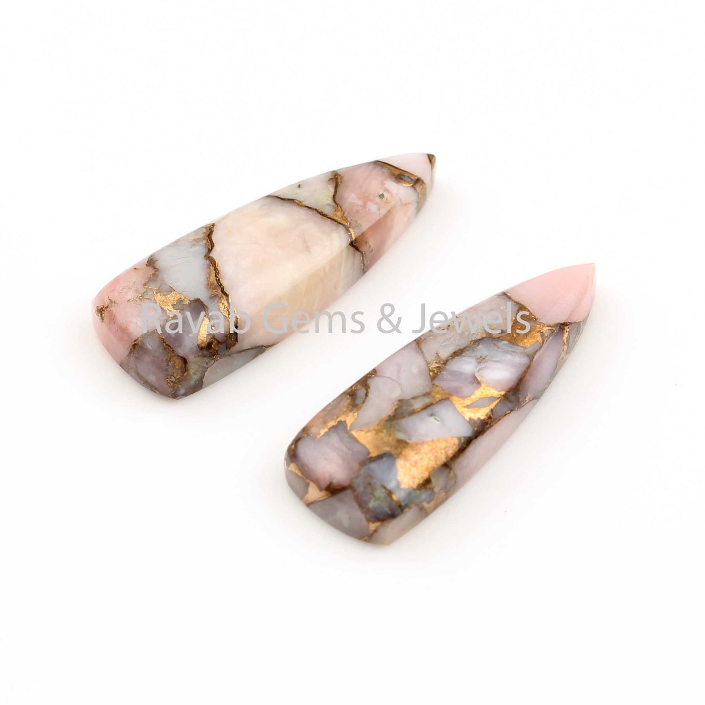 Pink Opal Copper Long Trillion 10x28mm Gemstone Calibrated Cabochon, Loose Beads For Jewelry Earring Making Stones 2 Pcs Set