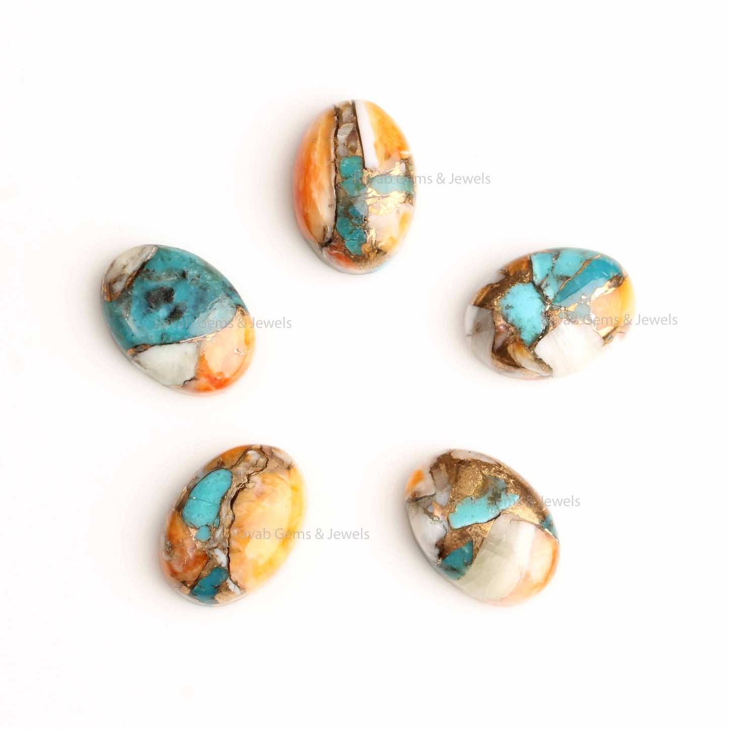 Spiny Oyster Copper Turquoise Oval Shape Cabochons Gemstone | Loose Beads Calibrated Stone For Earring Making 5 Pcs