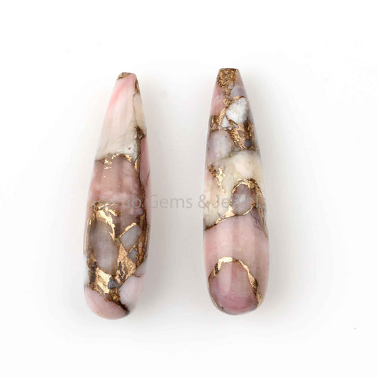 Pink Opal Copper Smooth Teardrops Gemstone, Handmade Loose Calibrated Stone For Earring Making - 2 Pcs Set 9x30mm By GemsBazaarIndia