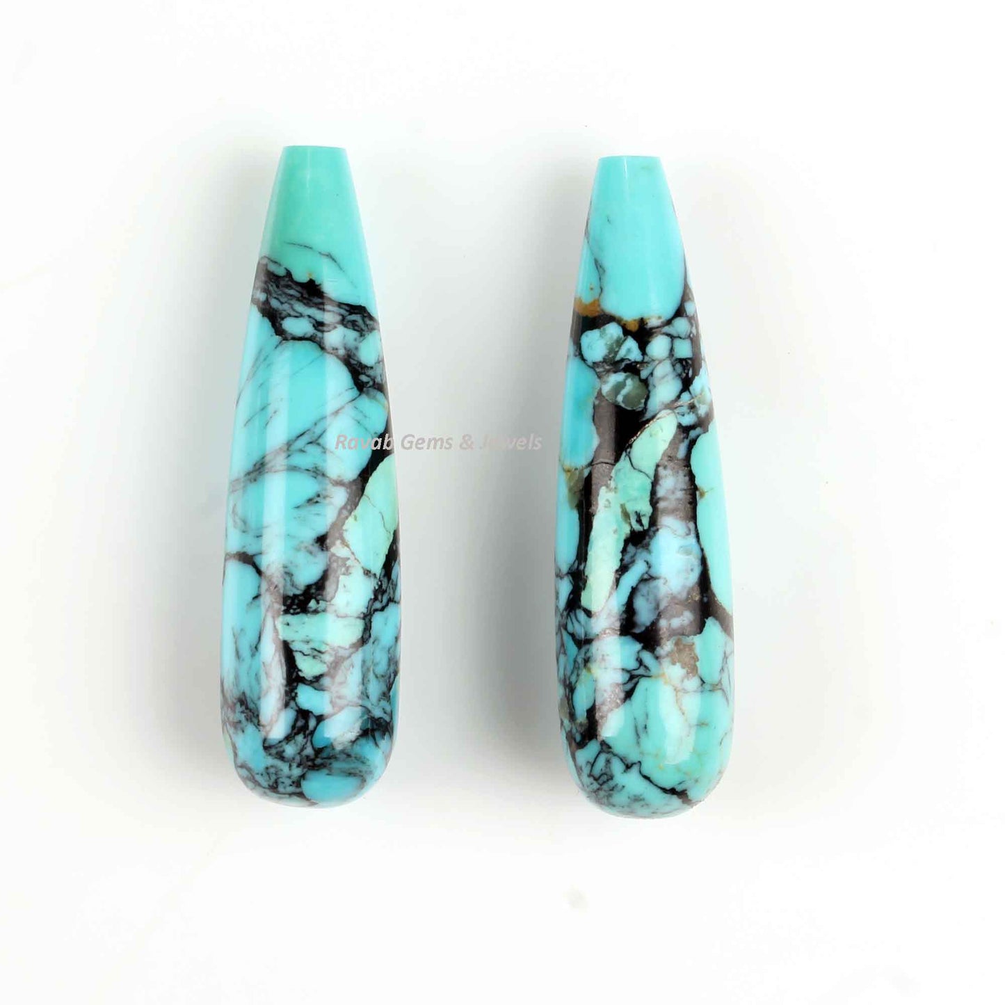 9x30mm Tibetan Kingman Matrix Turquoise Drop Smooth Briolette Gemstone, Semi Precious Teardrops for Jewelry Earring Pendant Making-2 Pcs