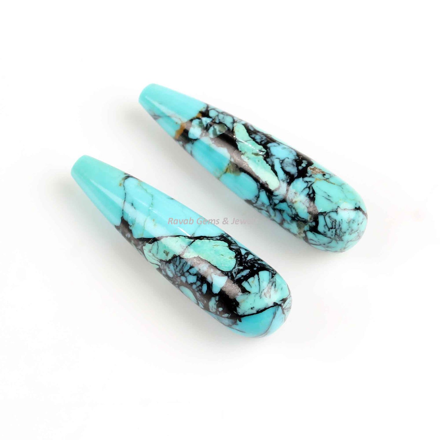 9x30mm Tibetan Kingman Matrix Turquoise Drop Smooth Briolette Gemstone, Semi Precious Teardrops for Jewelry Earring Pendant Making-2 Pcs