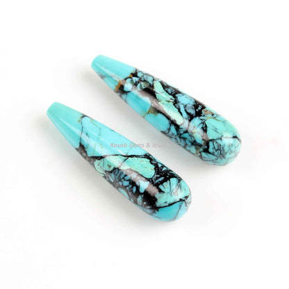 9x30mm Tibetan Kingman Matrix Turquoise Drop Smooth Briolette Gemstone, Semi Precious Teardrops for Jewelry Earring Pendant Making-2 Pcs