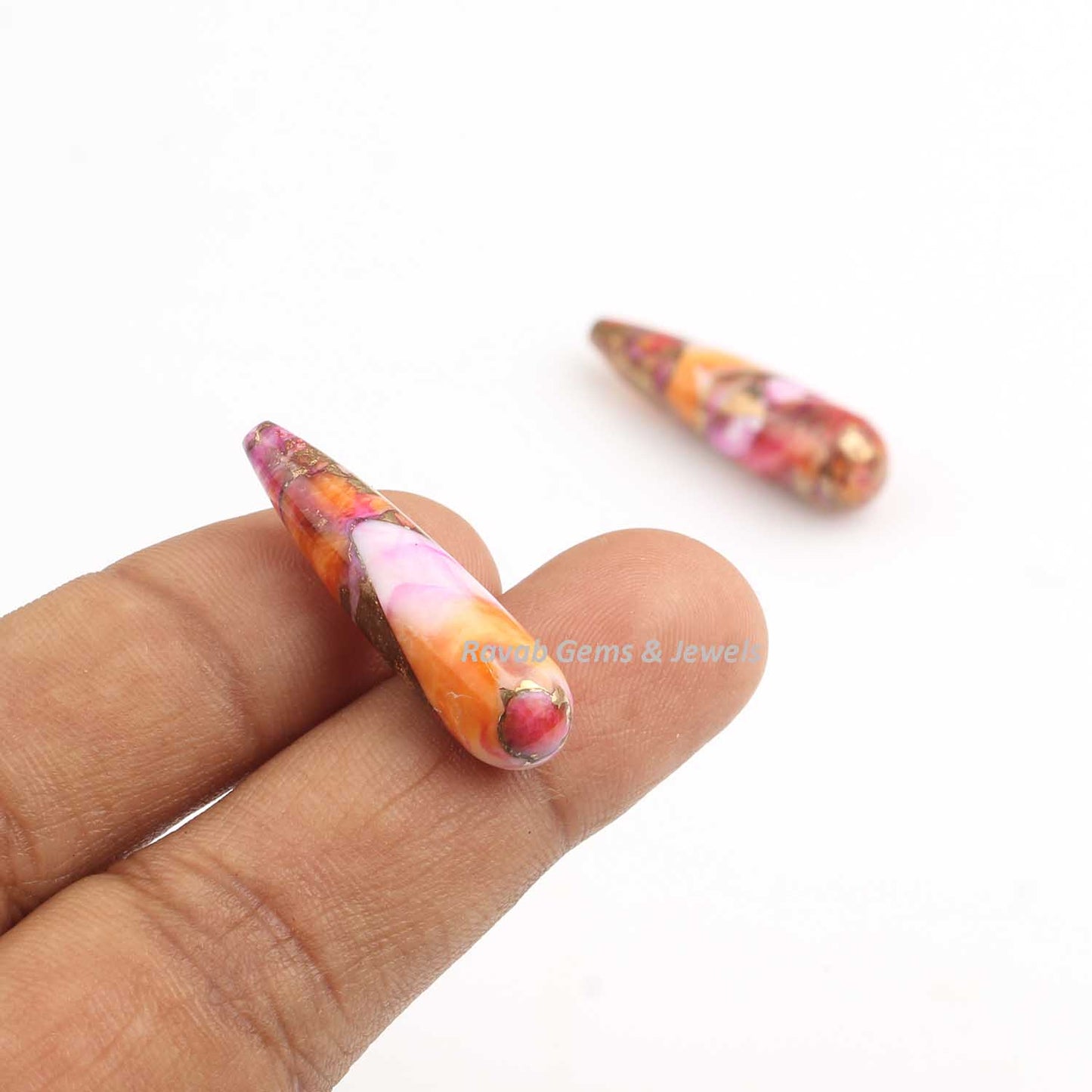 9x30mm Pink Orange Mix Oyster Copper Turquoise Drop, Smooth Briolette Gemstone Drops, Semi Precious Stone For Matching Earrings 1 Pair