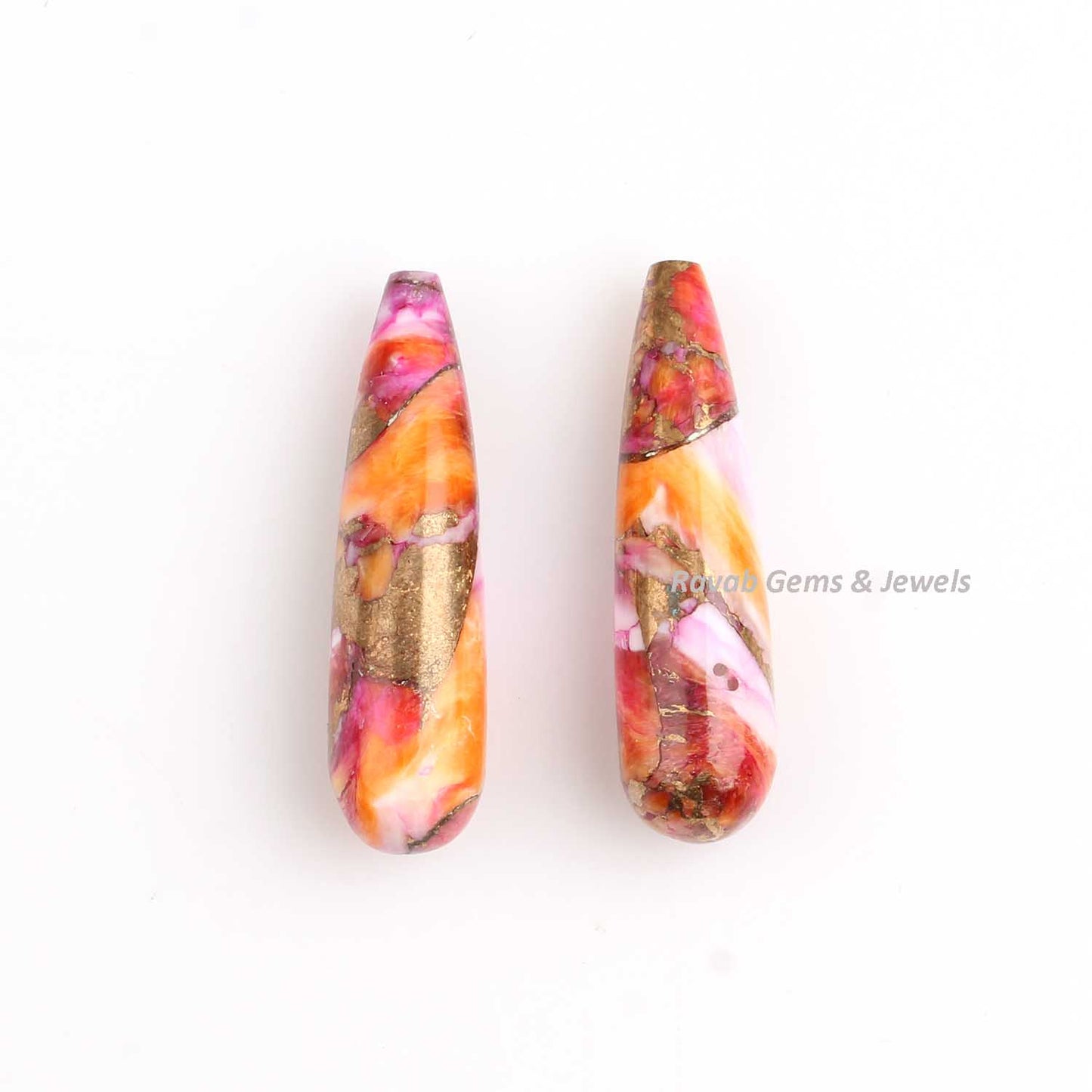 9x30mm Pink Orange Mix Oyster Copper Turquoise Drop, Smooth Briolette Gemstone Drops, Semi Precious Stone For Matching Earrings 1 Pair