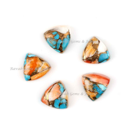 Spiny Oyster Copper Turquoise Trillion Smooth Gemstone | Loose Beads Calibrated Cabochons, Best Quality Stones For Sale 5 Pcs Set
