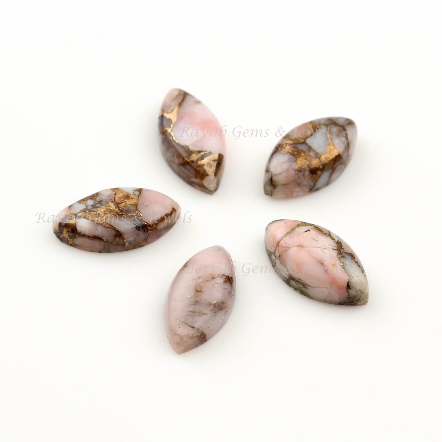 Pink Opal Copper Long Marquise Shape Gemstone, Loose Beads Smooth Calibrated Cabochons Stone For Jewelry Set 5 Pcs Wholesale Lot
