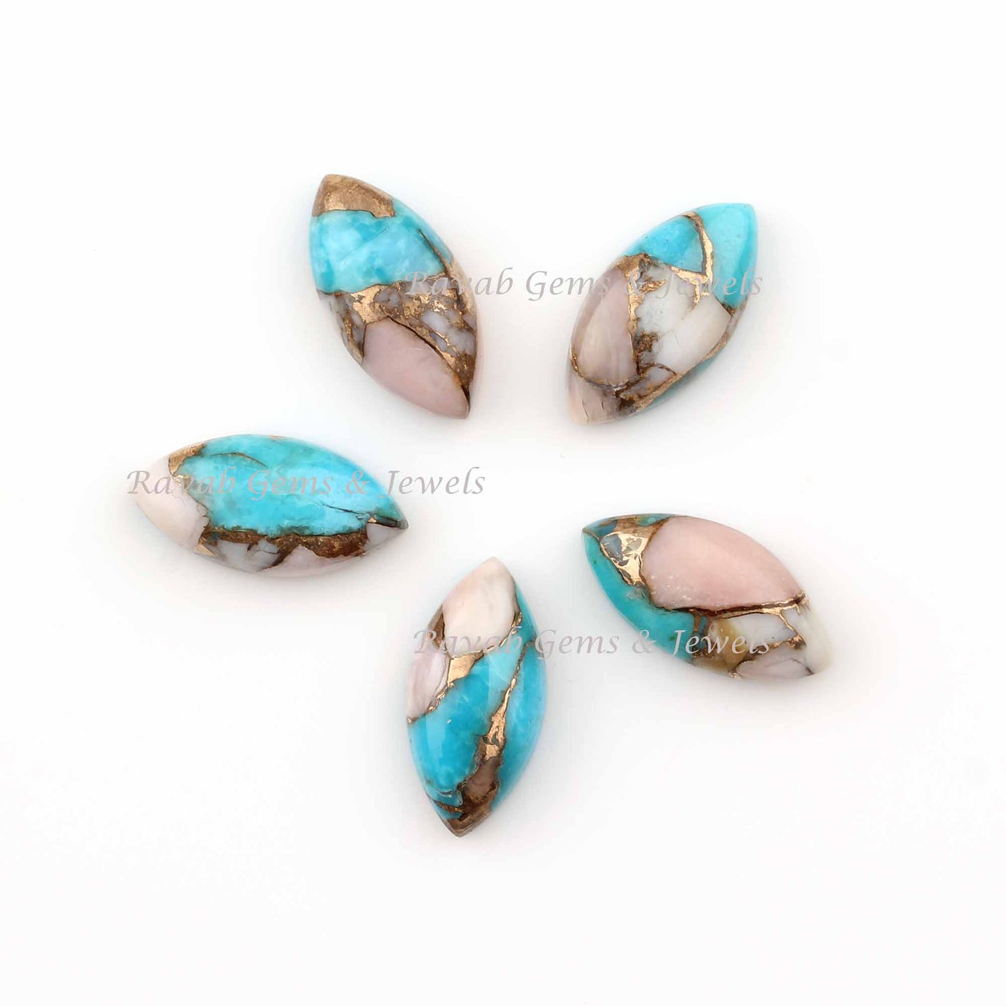 Pink Opal Copper Turquoise Long Marquise Smooth Gemstone Cabochons, Loose Beads Calibrated Stone For Jewelry Making 5 Pcs 8-16mm