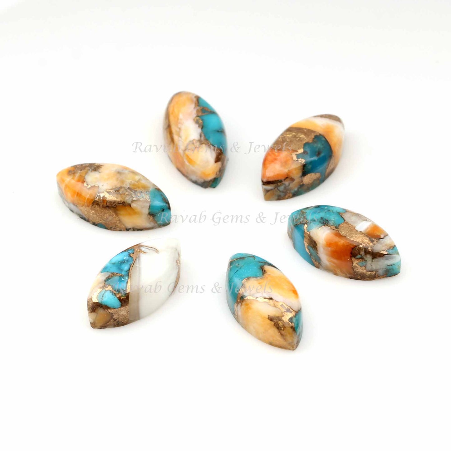 Spiny Oyster Copper Turquoise Long Marquise Shape Smooth Gemstone, Loose Beads Calibrated Cabochons For Stone Jewelry Making 5 Pcs