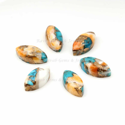 Spiny Oyster Copper Turquoise Long Marquise Shape Smooth Gemstone, Loose Beads Calibrated Cabochons For Stone Jewelry Making 5 Pcs