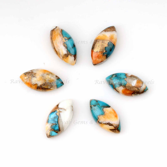 Spiny Oyster Copper Turquoise Long Marquise Shape Smooth Gemstone, Loose Beads Calibrated Cabochons For Stone Jewelry Making 5 Pcs