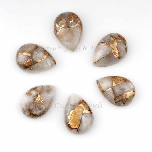 White Calcite Copper Pear Shape Smooth Cabochons Gemstone, Loose Beads Calibrated Stones 5 Pcs Set Available At Wholesale Prices