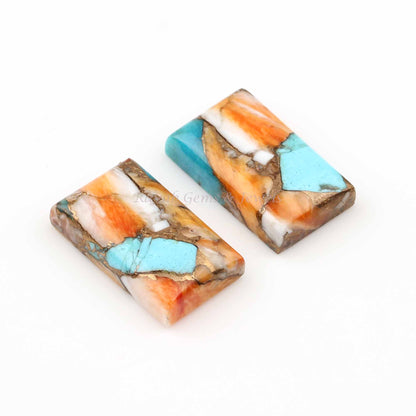 Spiny Oyster Copper Turquoise Rectangle Shape Cabochons Gemstone | Loose Beads Calibrated Stone For Pendant Earrings Making 2 Pc Set 12x20mm