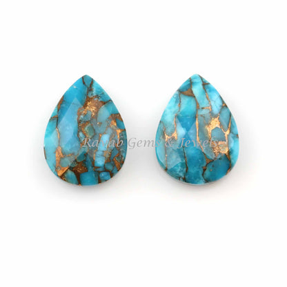 Blue Copper Turquoise Pear Shape Briolette Gemstone For Jewelry Making, Faceted Calibrated Loose Beads Stone For Earrings 12x16mm 2 Pcs Set