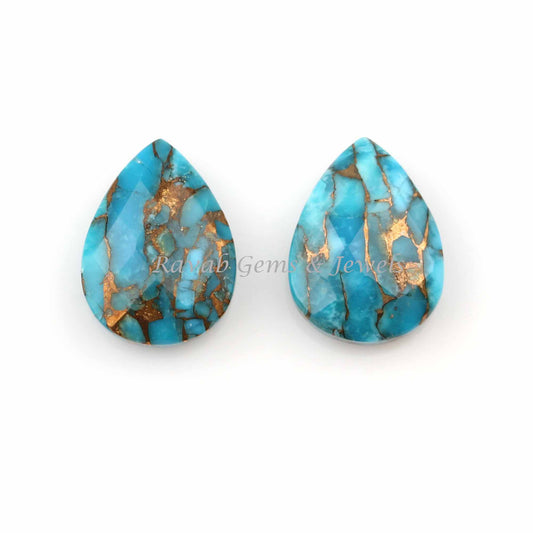 Blue Copper Turquoise Pear Shape Briolette Gemstone For Jewelry Making, Faceted Calibrated Loose Beads Stone For Earrings 12x16mm 2 Pcs Set